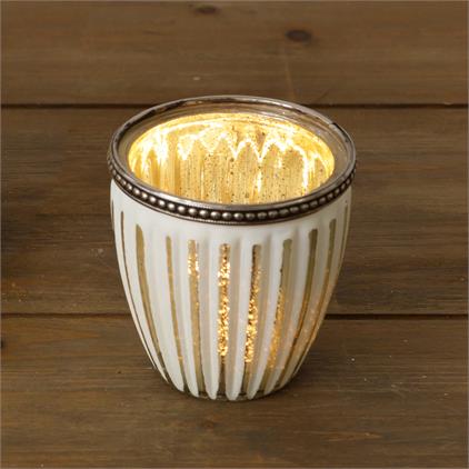 White Striped Medium Mercury Glass Votive